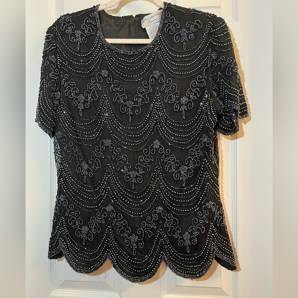 🦋 Gorgeous Papell Boutique Black Beaded Blouse size medium